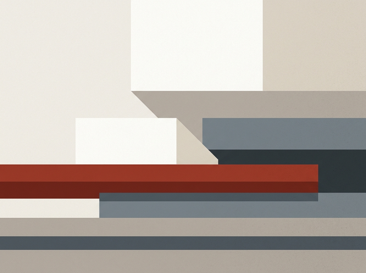 Abstract composition of layered planes in Red Hill's palette with a single brick-red accent, suggesting structured, hands-on training.
