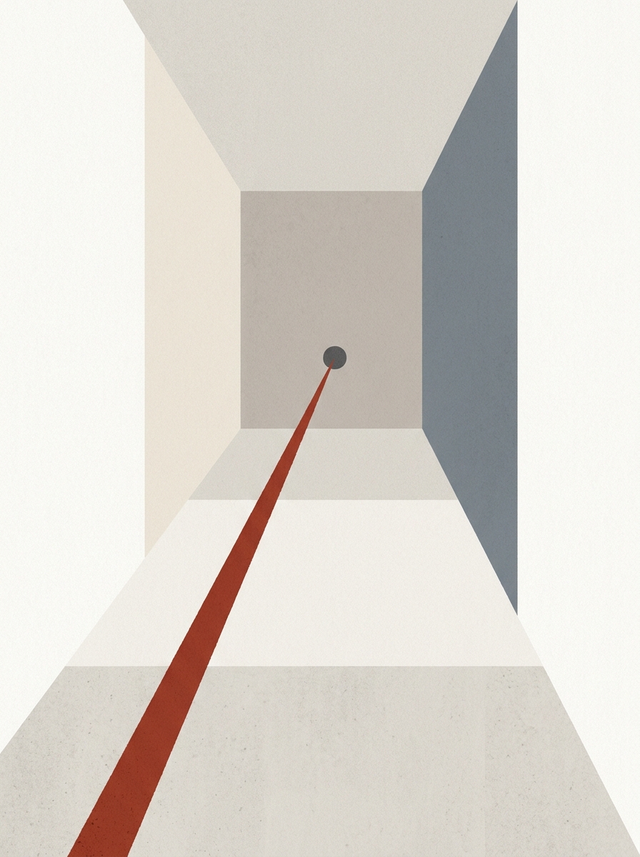 Abstract composition of a path converging toward a focal point, in Red Hill's palette with a brick-red accent.